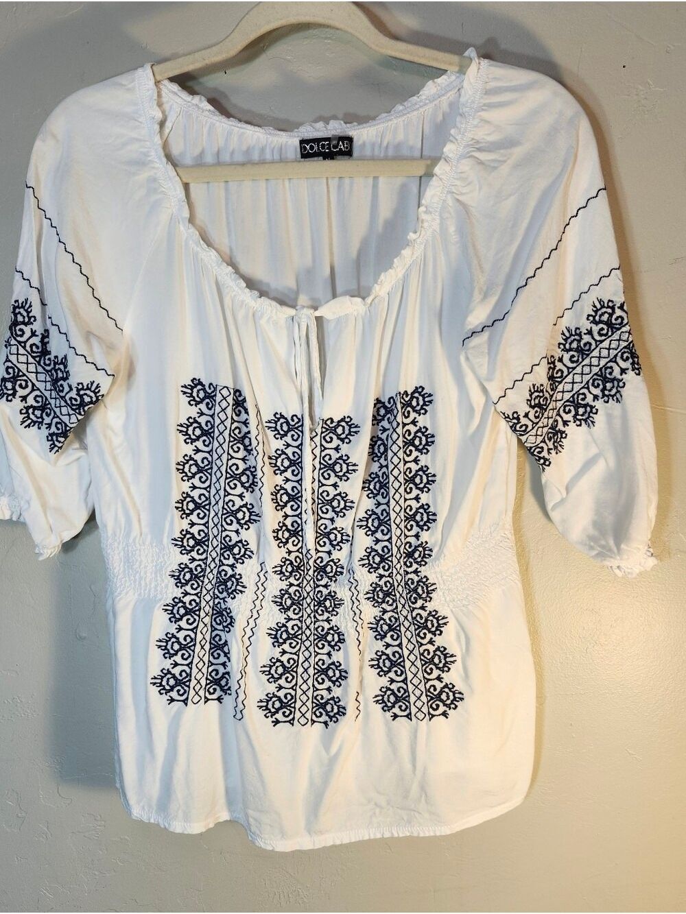 Dolce Cabo White Top with Navy Embroidery